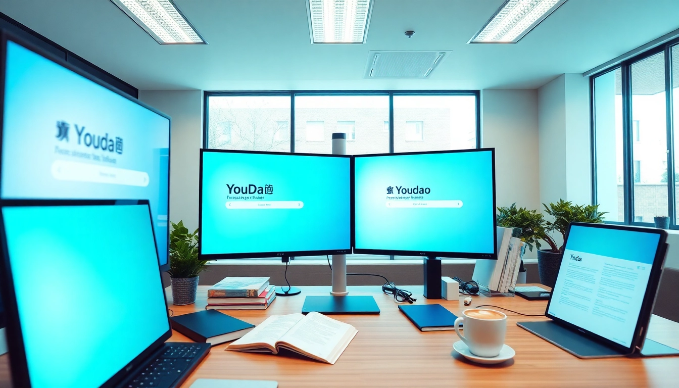 Youdao翻译 interface in a modern workspace with technology and learning elements.