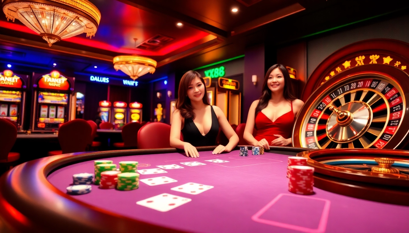 Engaging casino scene showcasing X88 poker chips and professional dealers at a lively table game.