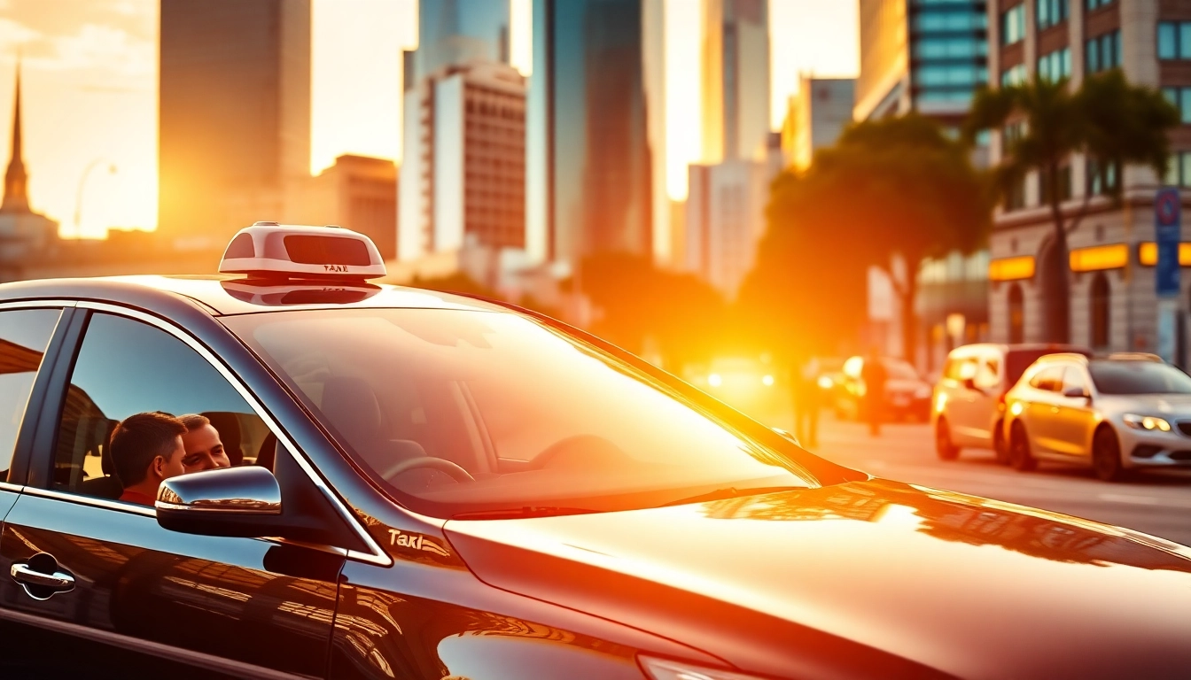 Efficient long distance taxi transfers in a busy cityscape with vibrant colors and a welcoming atmosphere.