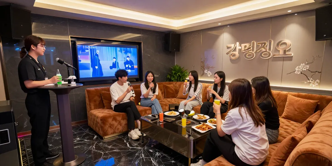 강남쩜오의 고급스러운 가라오케 룸, 즐거운 친구들과 전문적인 직원들이 있는 모습