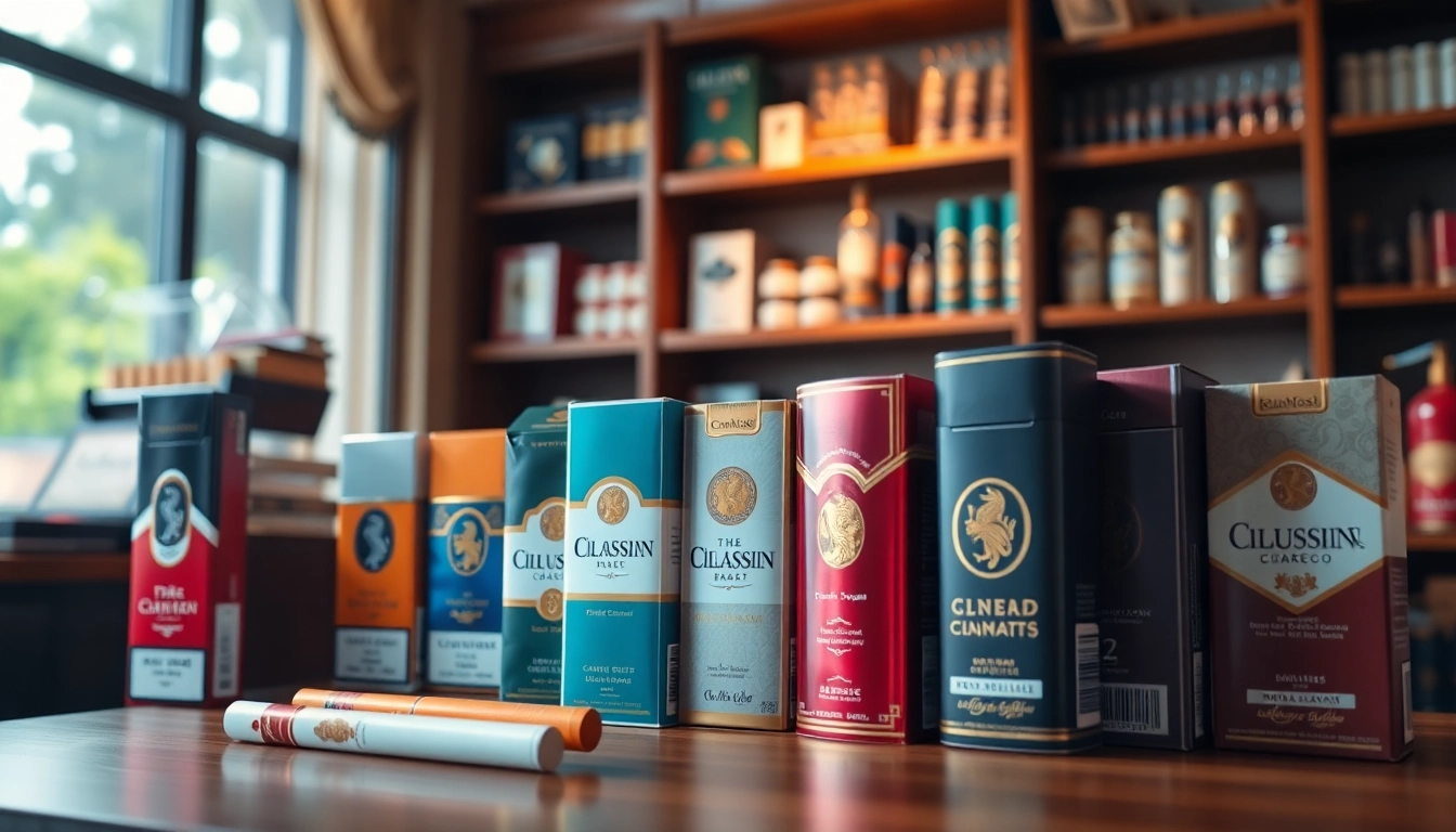 Cigarettes for sale at https://bureenok.com displaying vibrant packaging in an inviting shop.