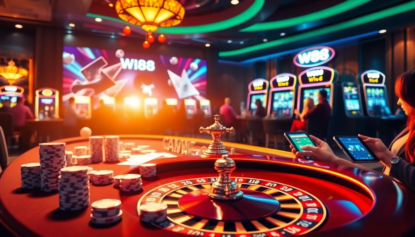 Experience the thrill of gambling with the link to W88 at a luxurious casino scene filled with excitement and winning opportunities.