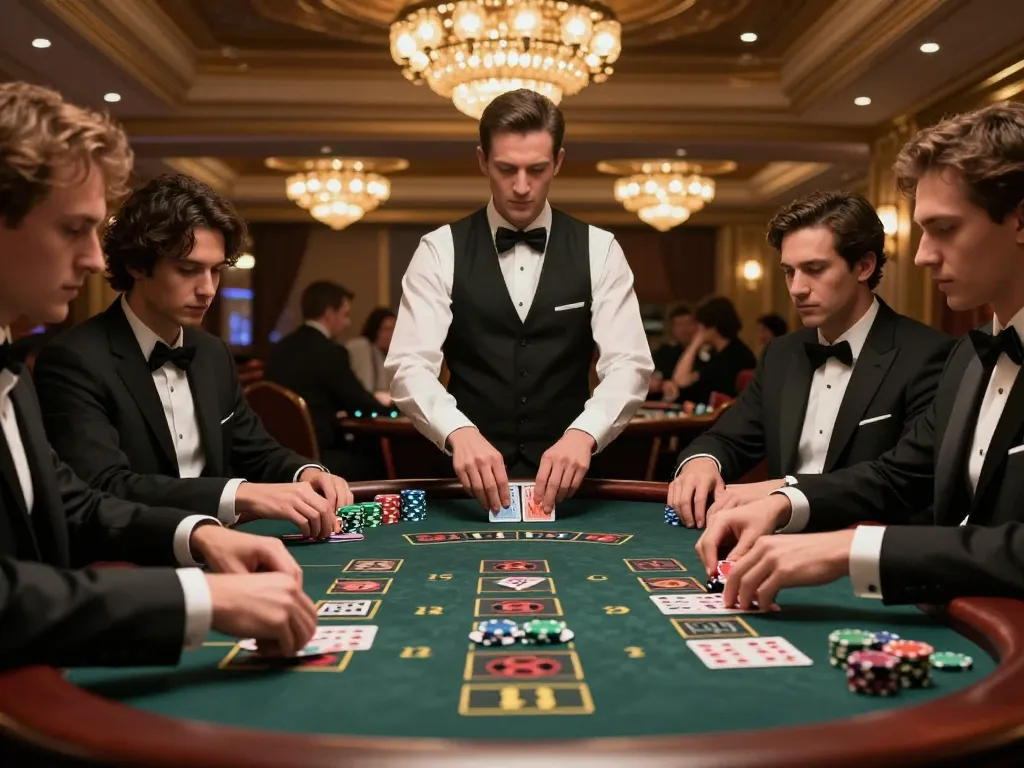Players strategically placing bets at an intense blackjack table in a luxurious casino setting, showcasing the excitement of DA88 gaming.