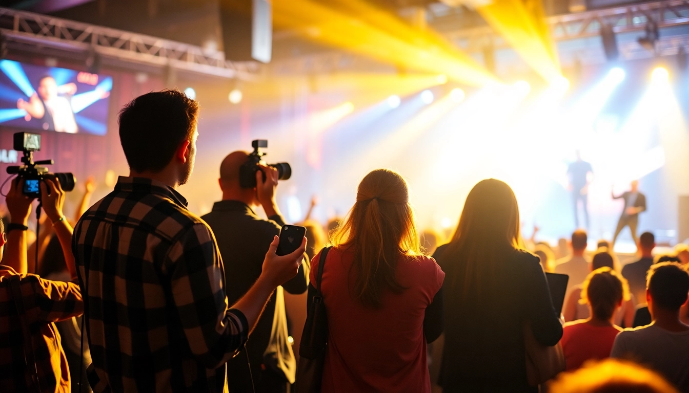 Engaged professionals at a music PR firm creating opportunities for artists during a live event.