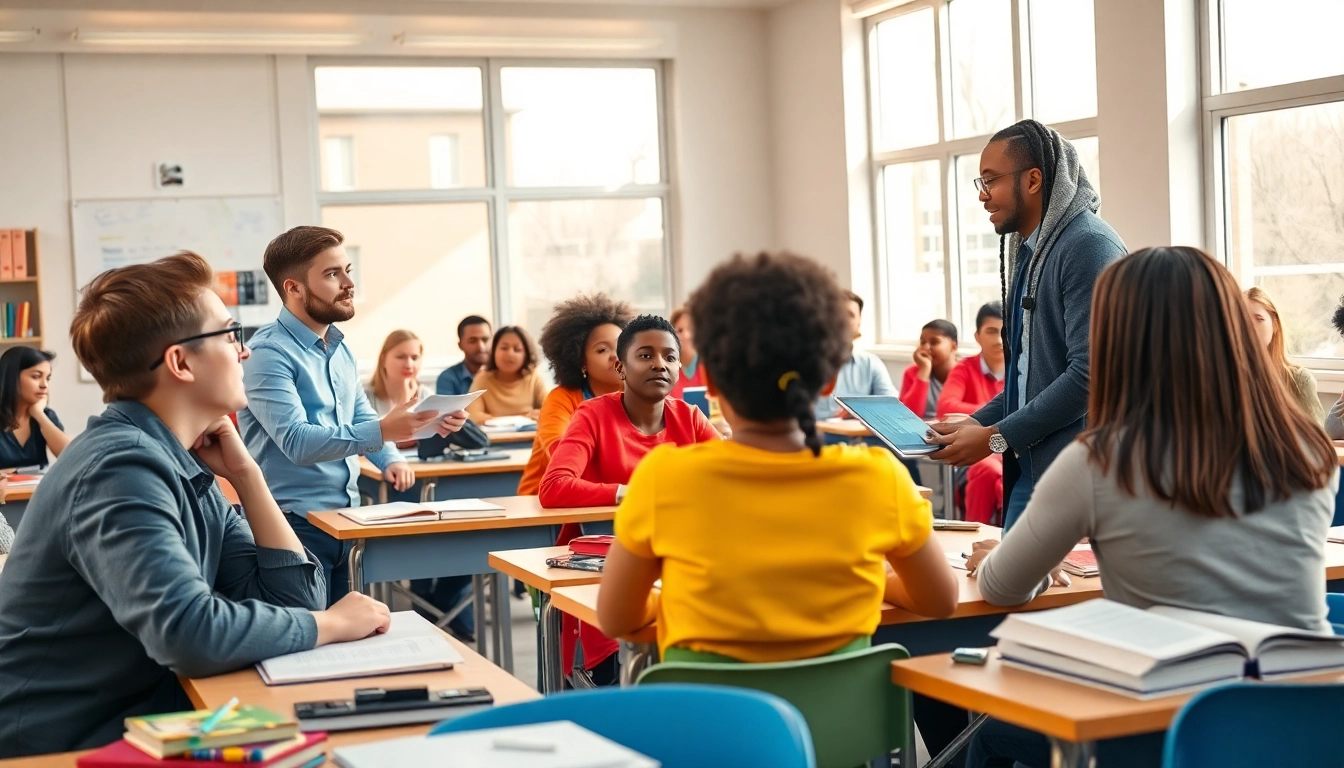 Education in an interactive classroom where educators engage students through collaborative learning.
