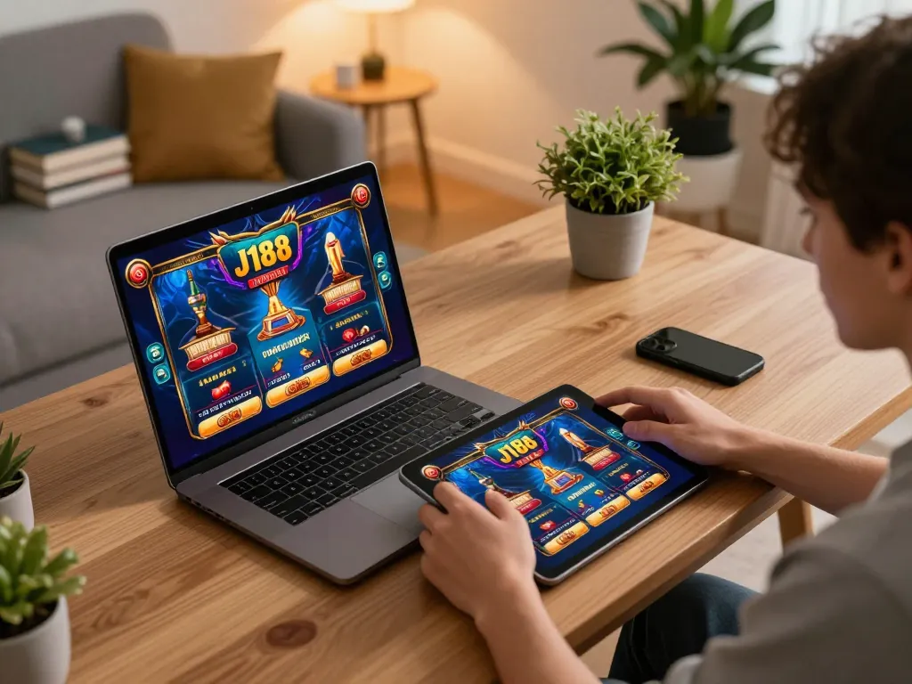 Engaging gameplay on J188 platform showcasing online casino features in a cozy home setup.