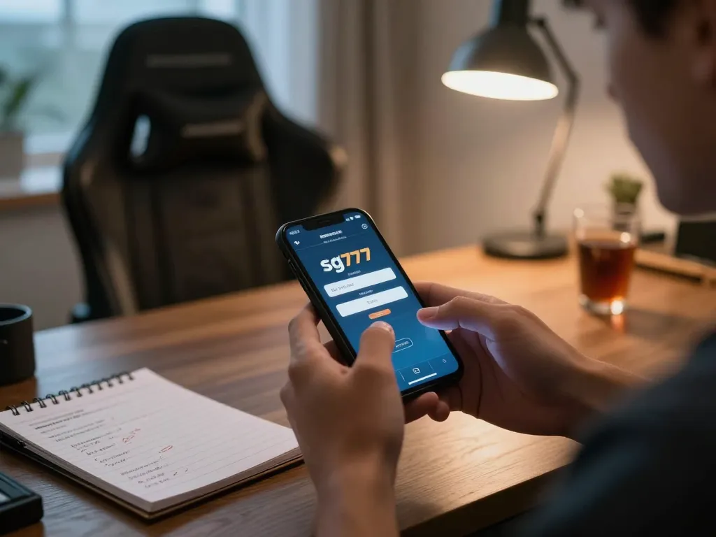 Engaging with sg777 login on a smartphone for online casino gaming in a cozy setting.