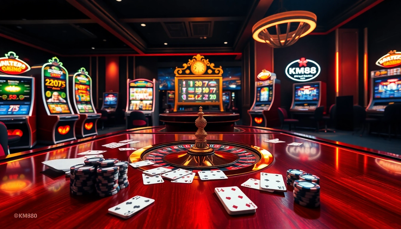 Play exciting games at KM88 casino with stylish chips and vibrant slot machines.