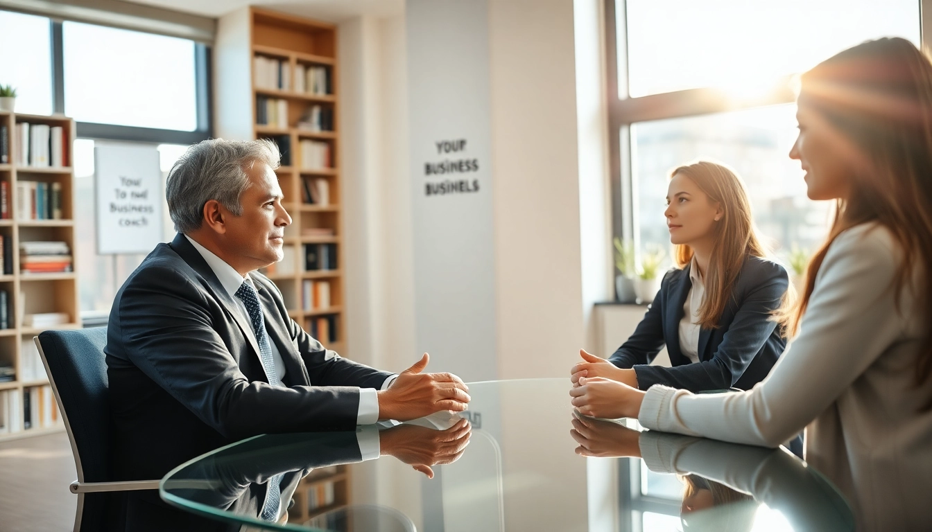 Business coach near me engaging in a focused session with a client in a modern office.
