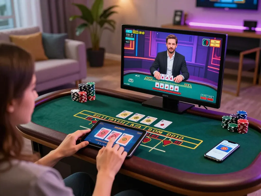 Player engaging with BK888 on a tablet at home, enjoying live dealer baccarat.