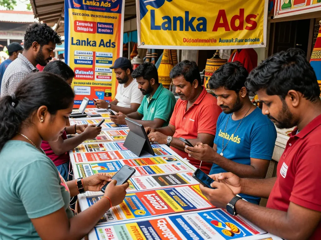 Lanka Ads vibrant marketplace scene showcasing individuals browsing diverse classified ads, engaging in friendly interactions.