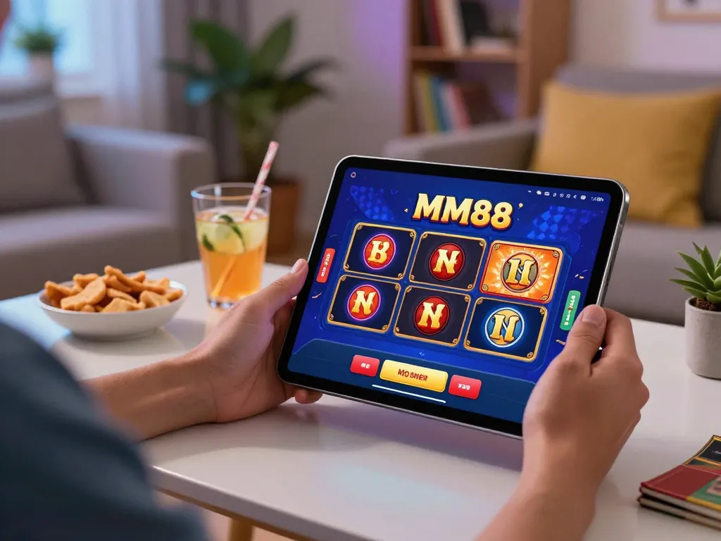 Person engaging with MM88 online casino app and enjoying a cozy home gaming experience
