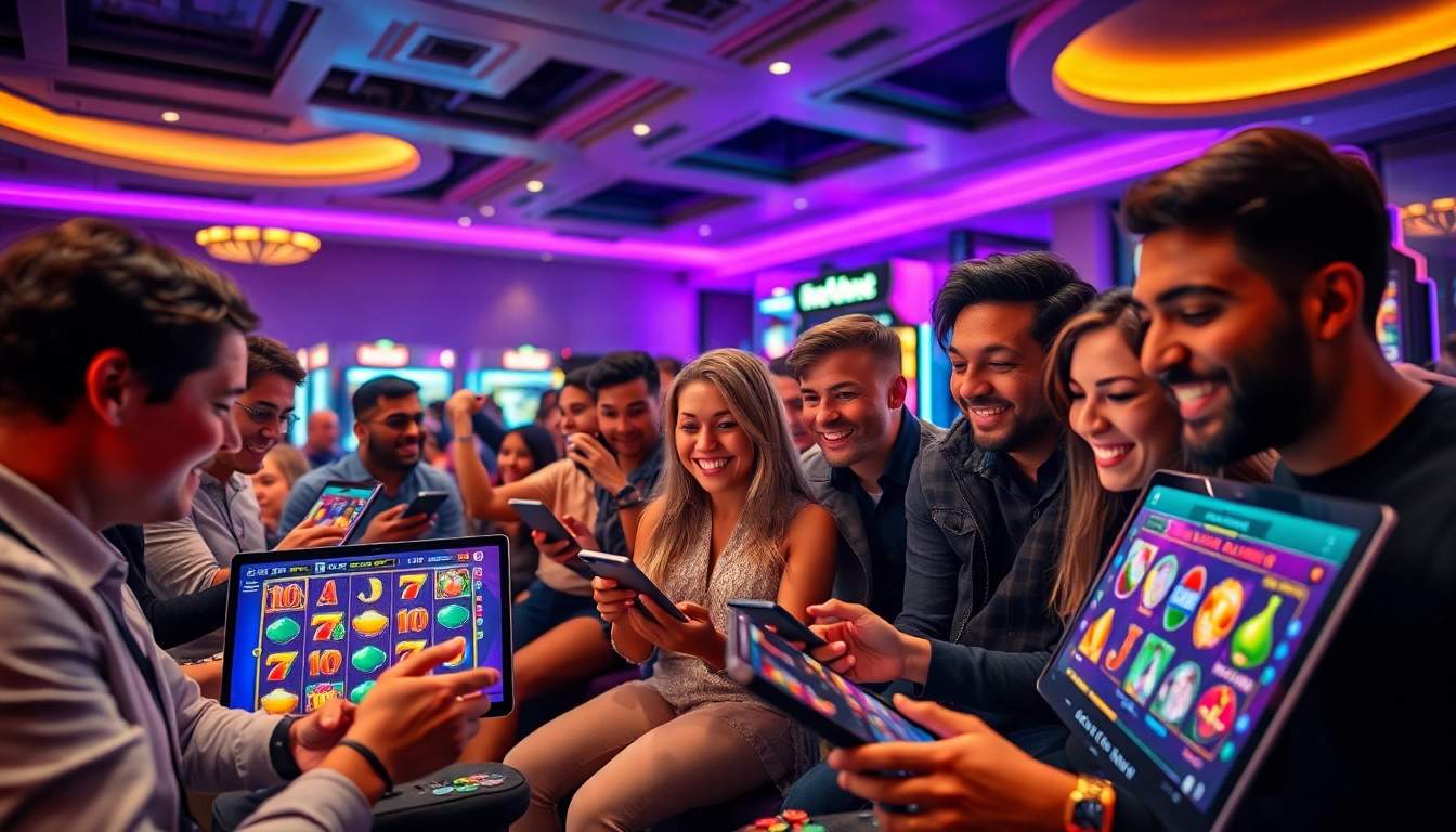 Thrilling Kode4d gaming scene with diverse players enjoying slots games.