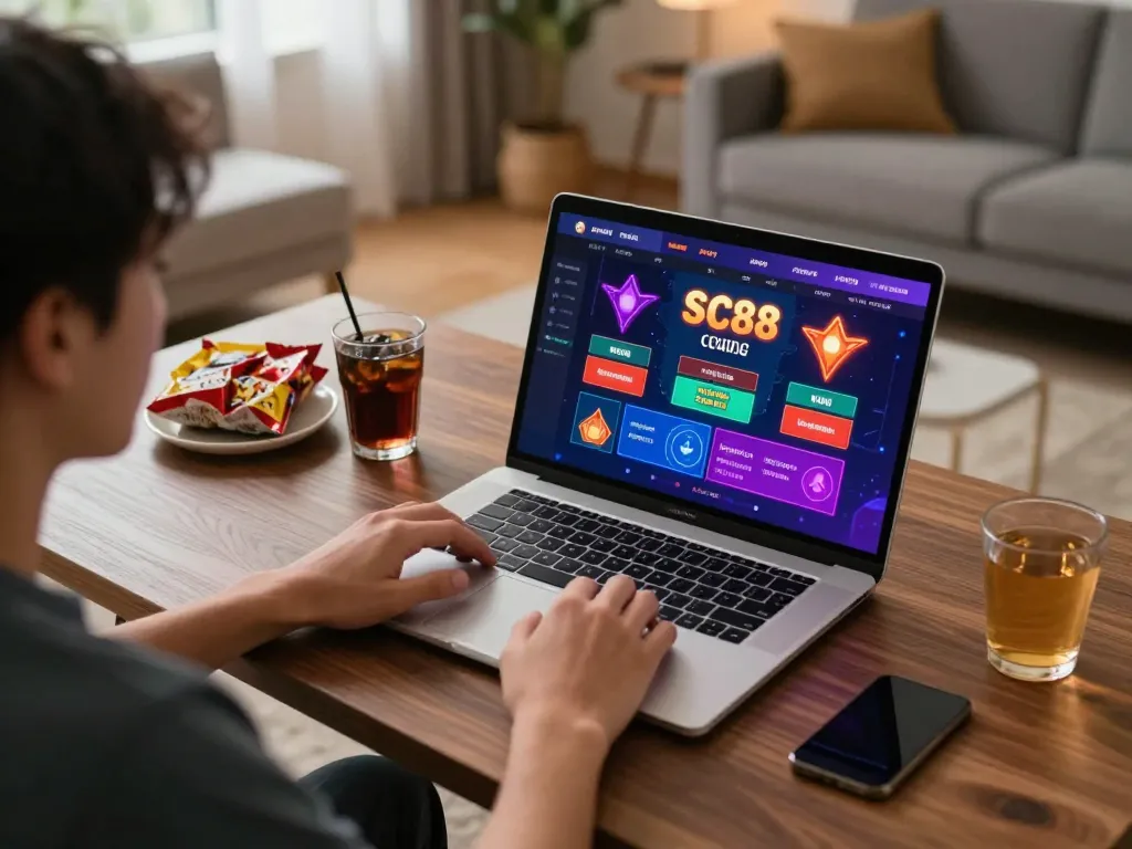 Engaging in online gameplay at Trang chủ SC88, showcasing casino interface and relaxed atmosphere.