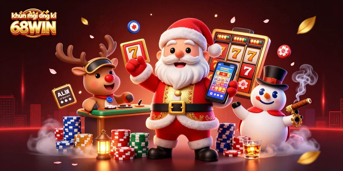 Experience the exciting khuyến mãi đăng ký 68WIN with Santa, a reindeer, and a snowman in a vibrant casino scene.