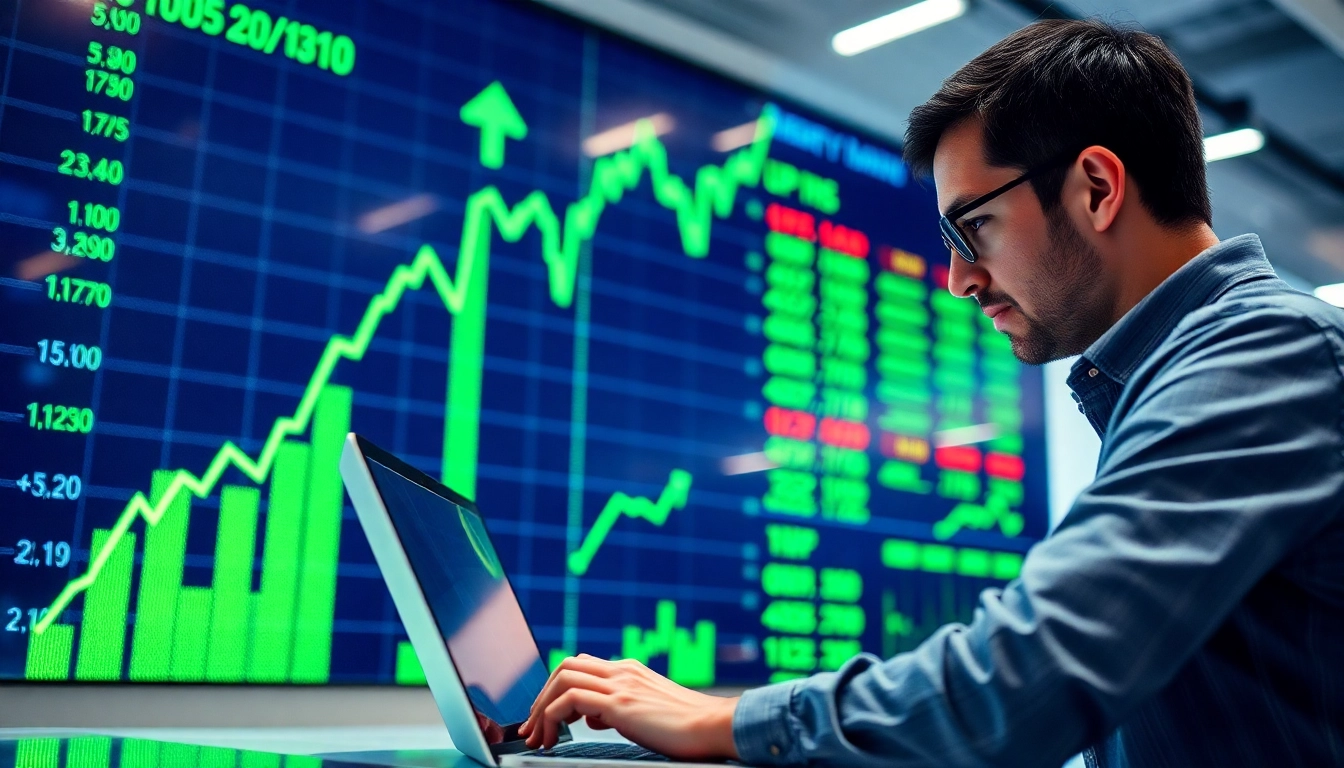 Analyzing UPS stock price trends with financial graphs and a focused trader.