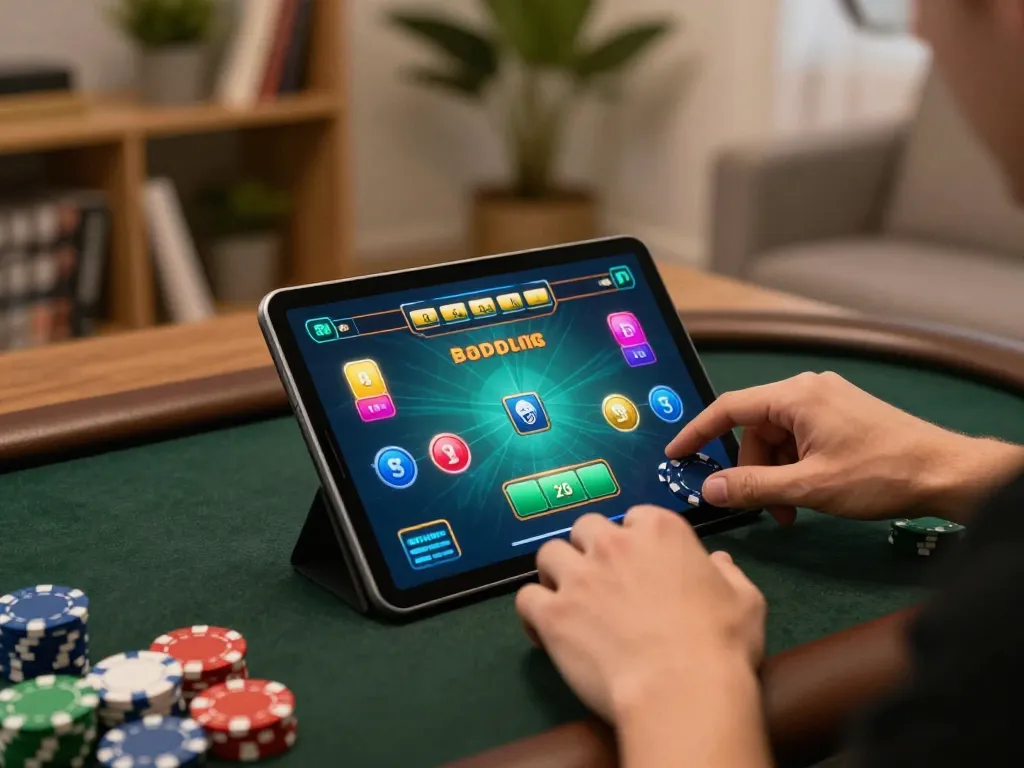 Player engaging in online poker at home with 789BET on tablet, showcasing strategic betting