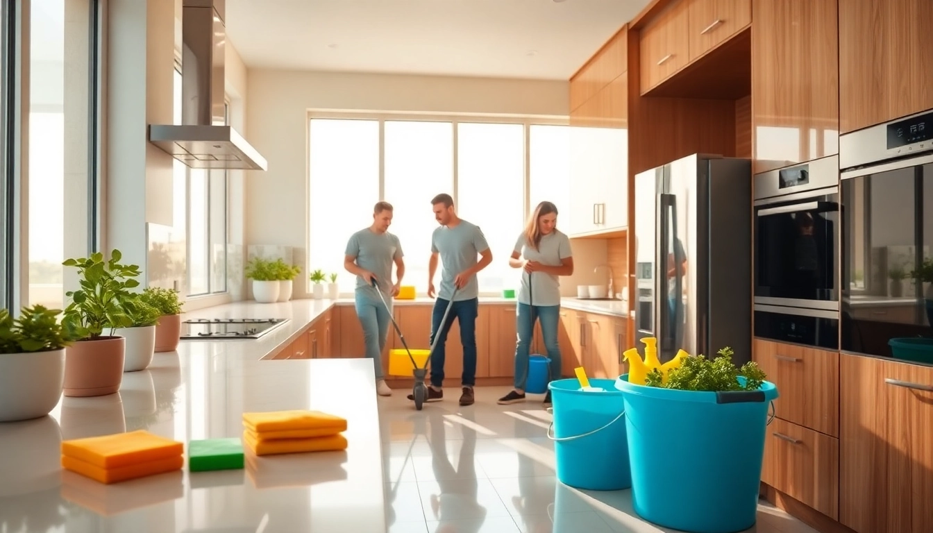 Kitchen deep cleaning Dubai with professionals using advanced tools in a bright, modern kitchen.
