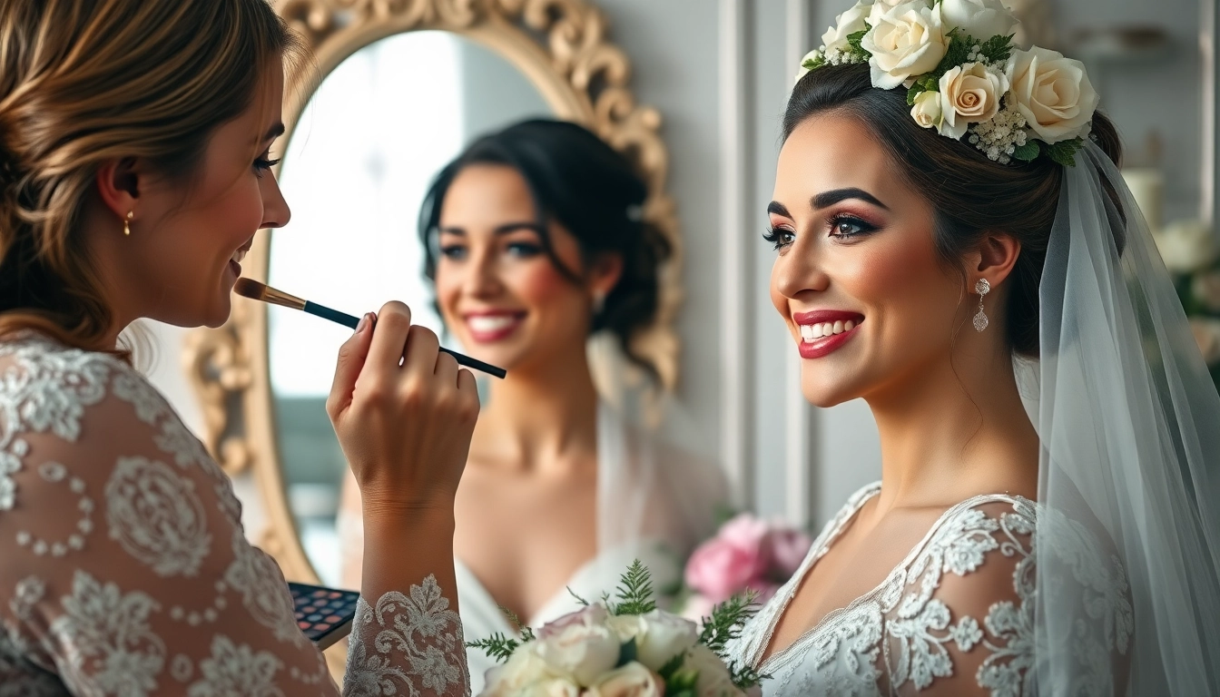 Wedding makeup artist showcasing bridal beauty with professional techniques in a bridal suite.