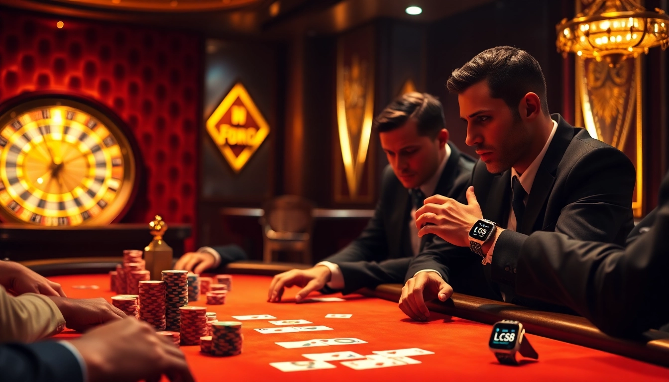 Players engage in high-stakes gambling at a casino table, featuring an LC88 smartwatch amidst vibrant chips.