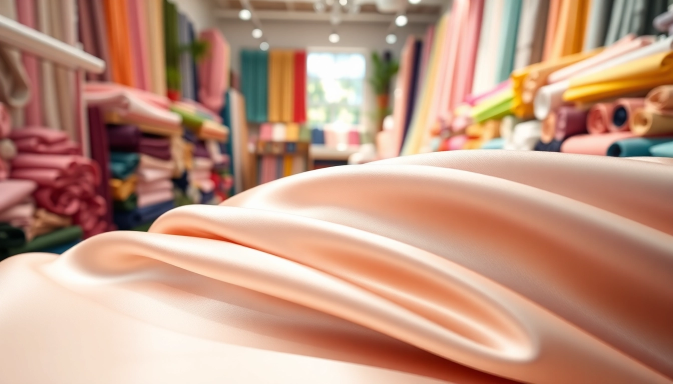 Satin stof presentatie met glanzende textuur in een stoffenwinkel.