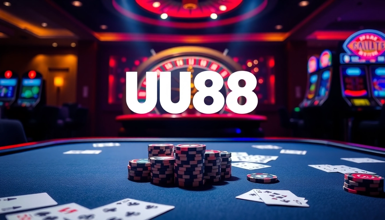 UU88 casino scene showcasing luxurious gaming elements with poker chips and cards.