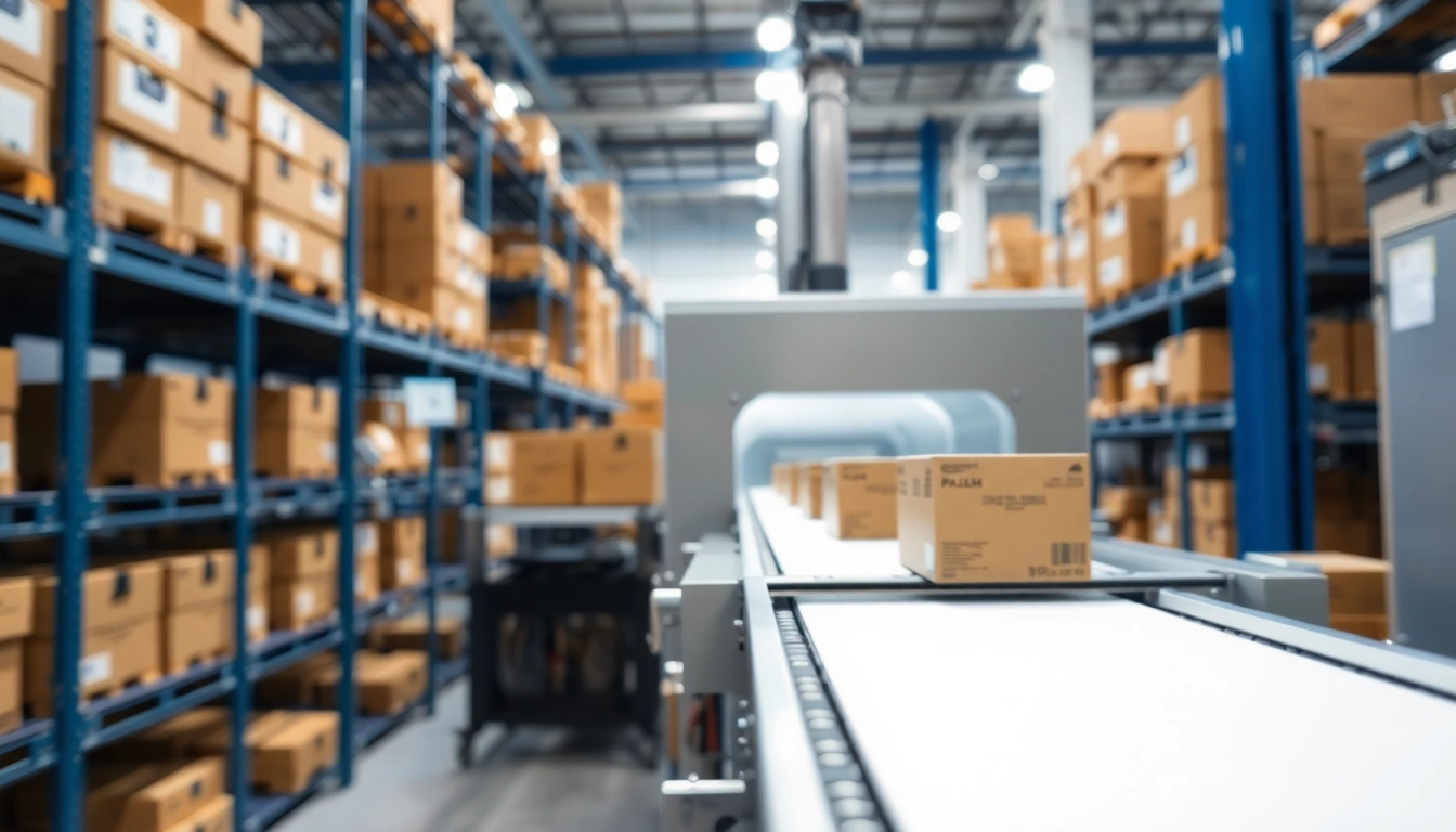 Shrink tunnel machine efficiently packaging products in an industrial setting.