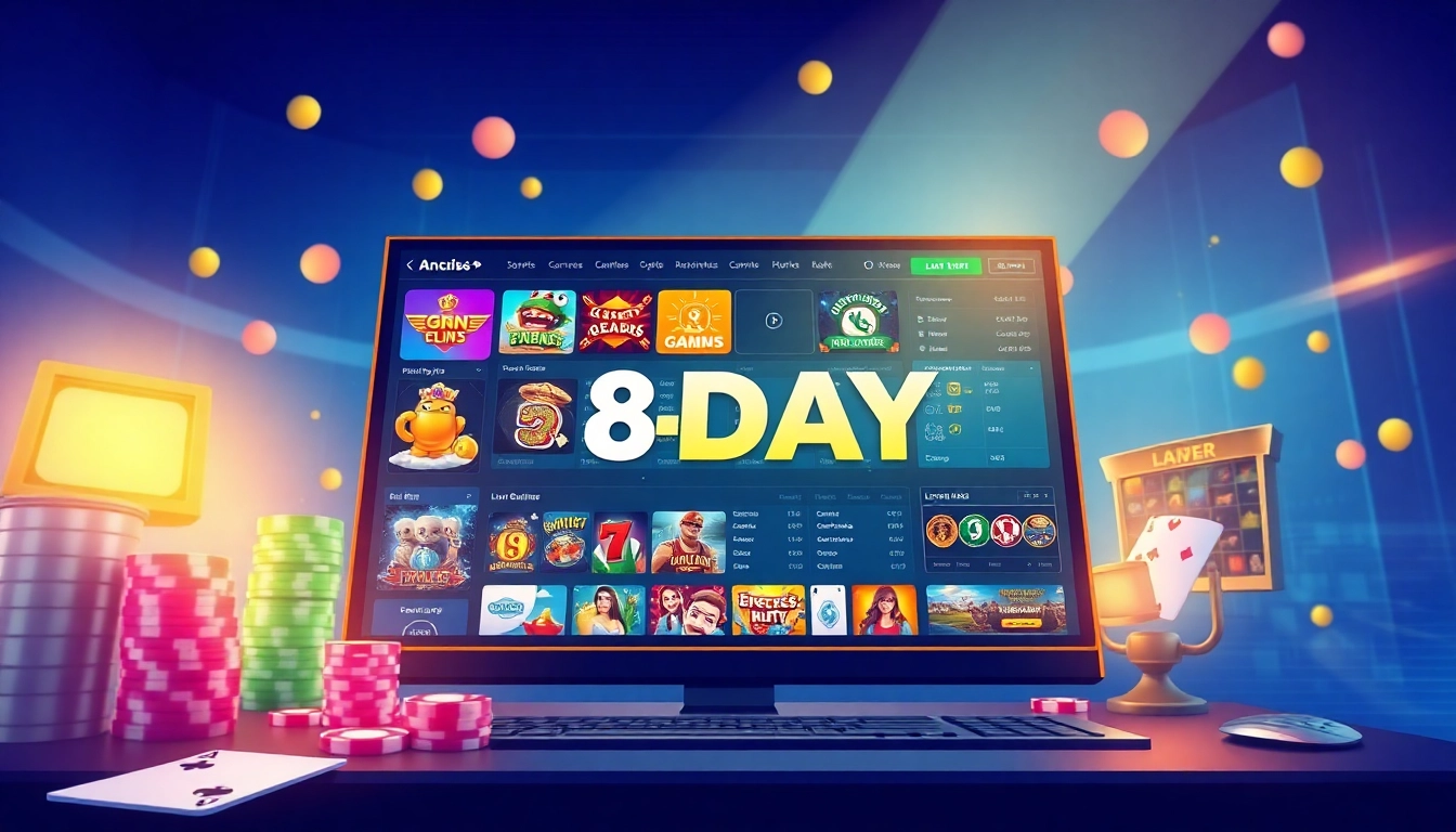 Experience the interactive world of online gaming with the 8day link interface, showcasing slots and sports betting.