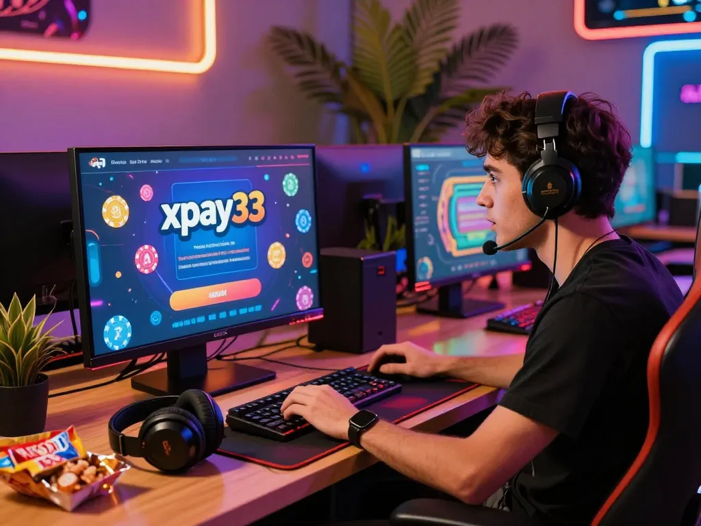 xpay33 promotion scene with enthusiastic gamer engaging in online casino gaming surrounded by vibrant digital tokens and colorful decor