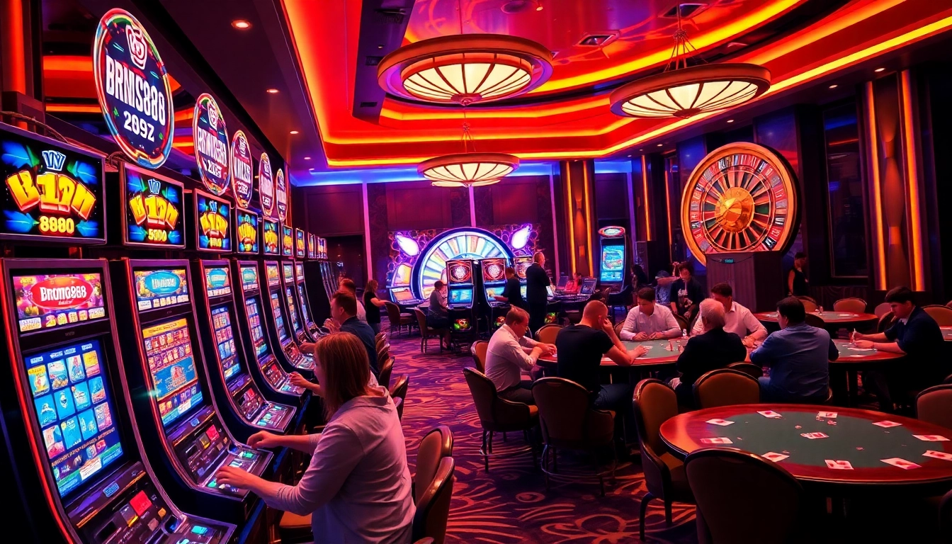 BROMO888 slot machines and roulettes in a luxurious casino environment.