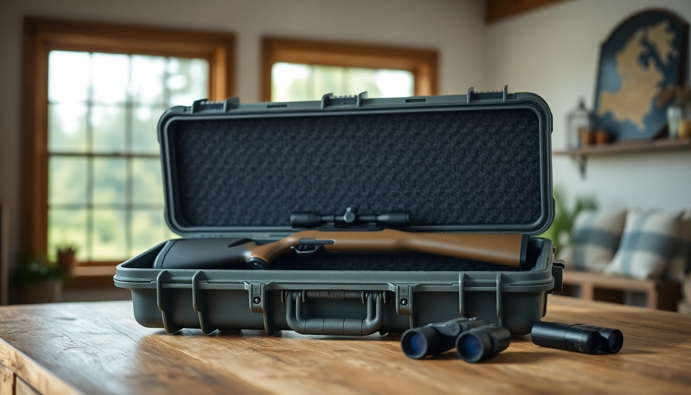 Showcasing a sturdy pelican rifle case with accessories in a cozy room.