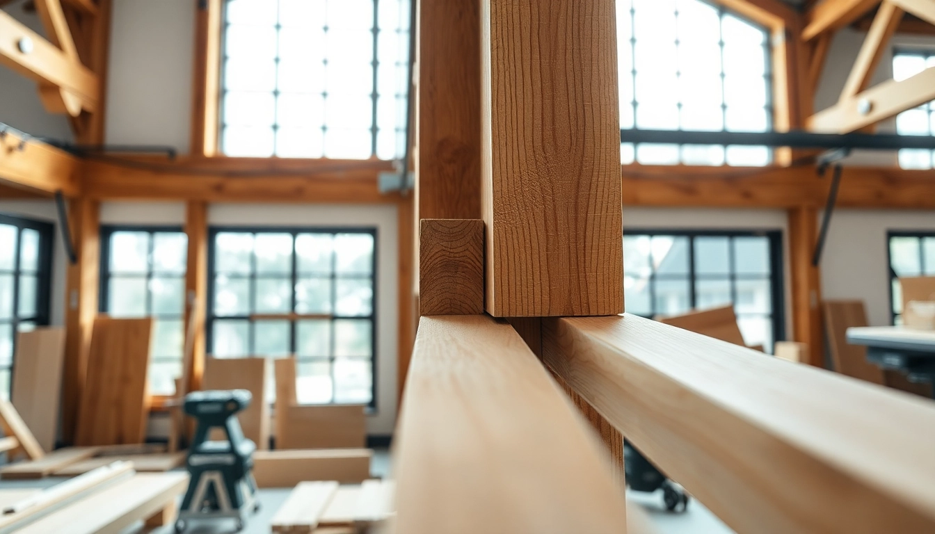 Showcasing timber frame solutions with detailed craftsmanship in a bright workshop.