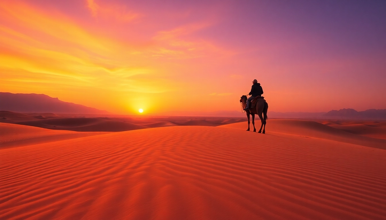 Experience morocco travel with a breathtaking sunset view of a traveler on a camel in the desert.