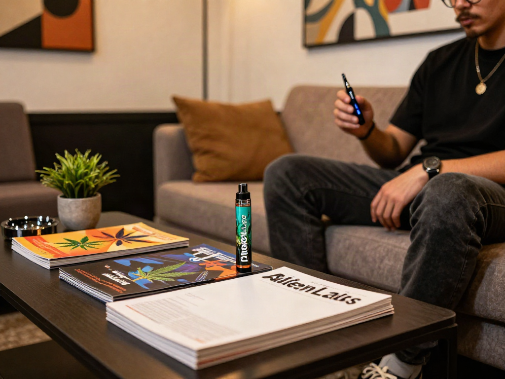 Relaxed individual enjoying Alien Labs Live Resin vape in a stylish urban setting.