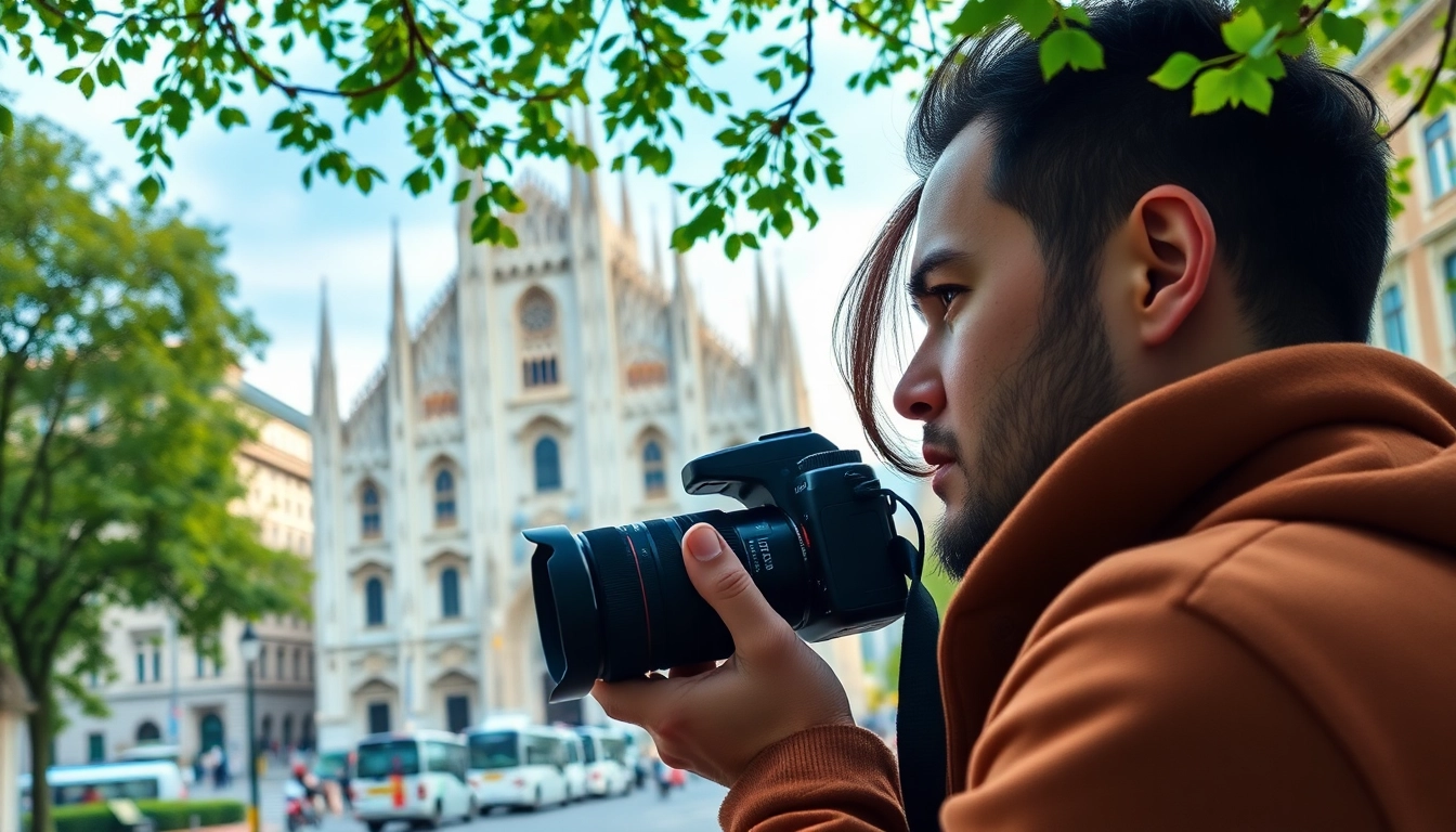 Fotografo Milano ritrae aspetti iconici della città con un modello in primo piano.
