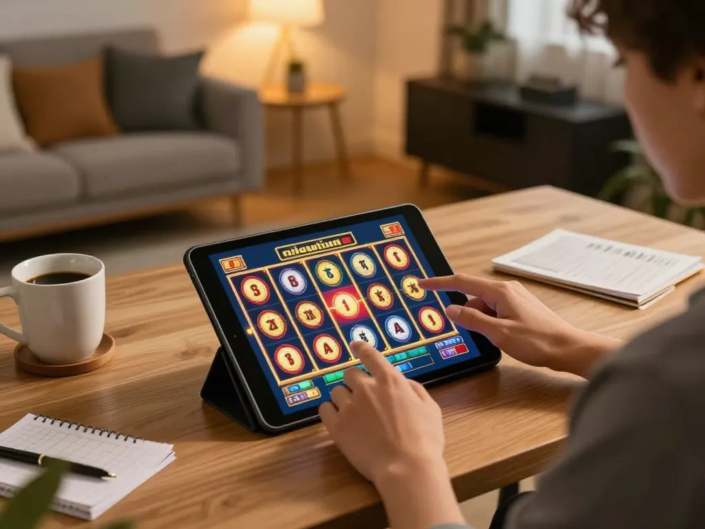 Engaging in สล็อตวอเลท online gaming with a tablet at home, showcasing a strategic approach to gambling.