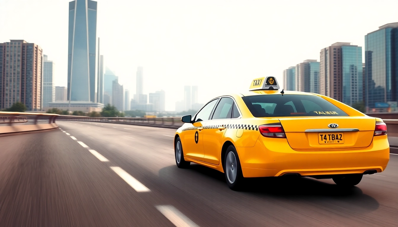 Promote LONG DISTANCE TAXI TRANSFERS with a modern taxi in an urban setting showcasing professionalism.