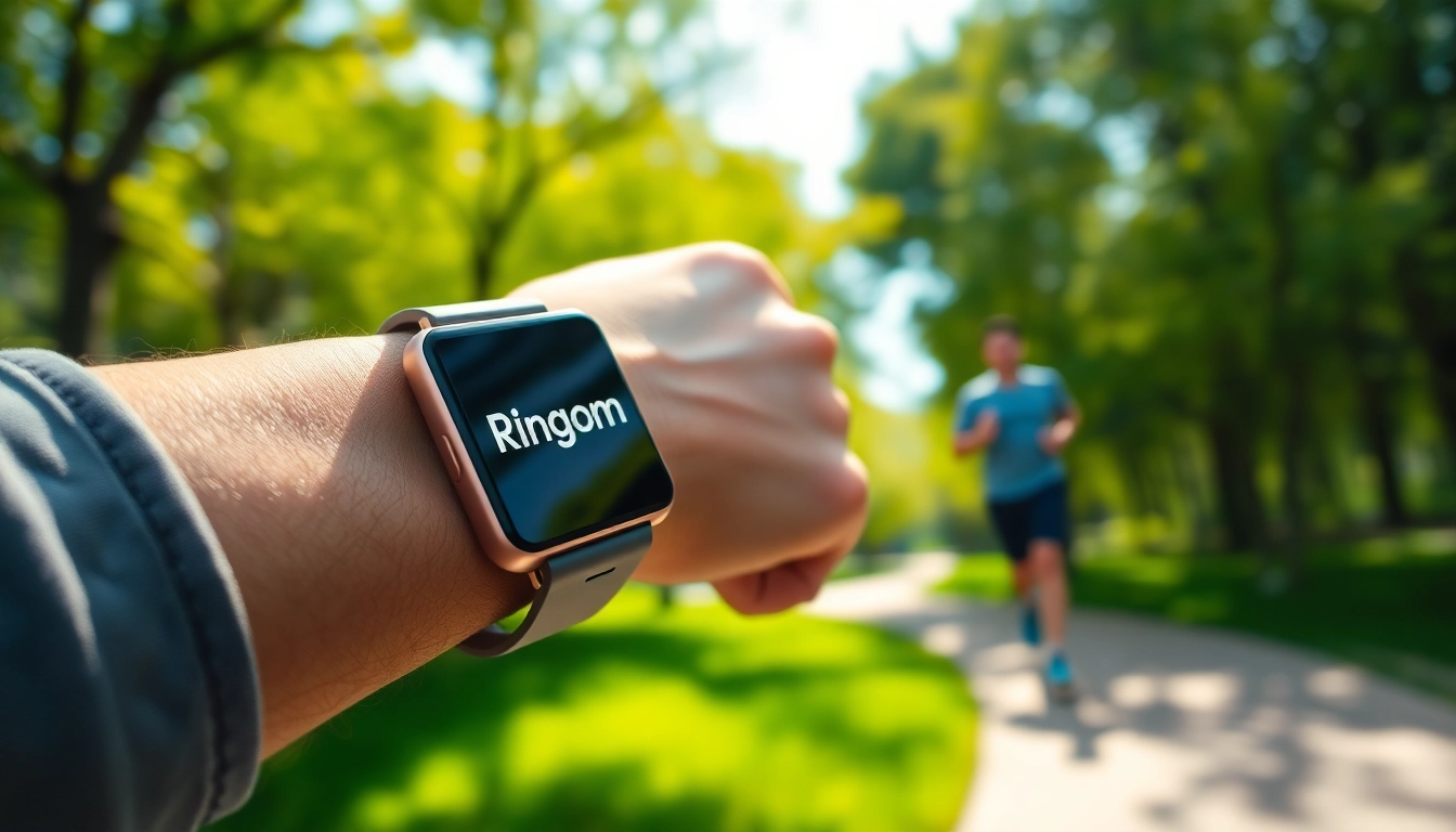A jogger wearing the Ringconn fitness tracker in a vibrant park, highlighting active lifestyle choices.