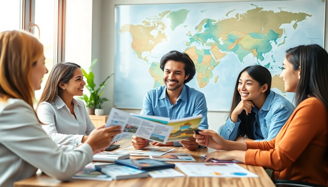 Engaged family discussing travel insurance options with an advisor in a modern setting.