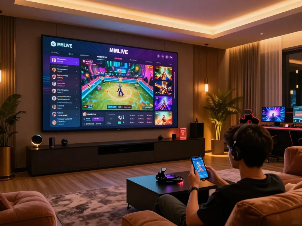 MMLIVE user engaging with live games on a smartphone in a vibrant virtual gaming room atmosphere.