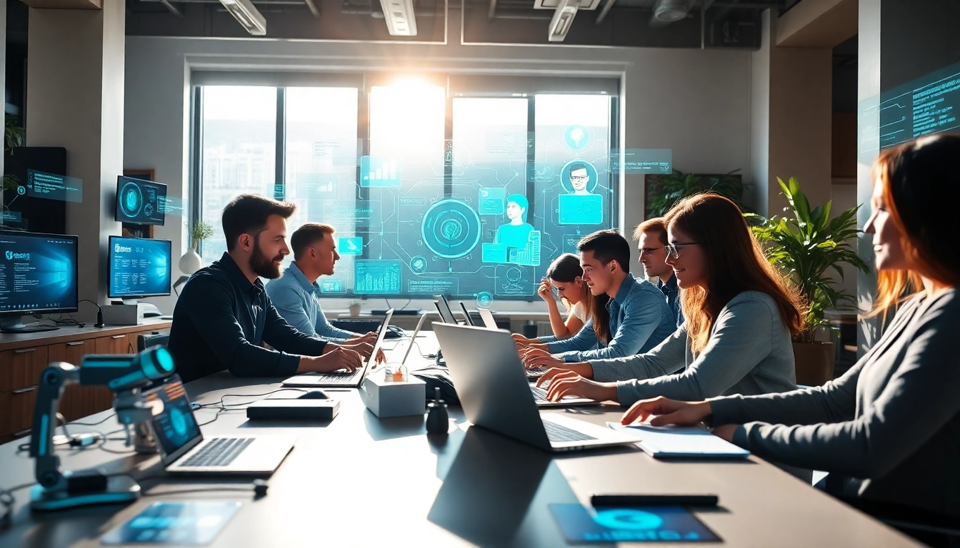 Showcase ai tools in an innovative office setting with diverse collaboration.