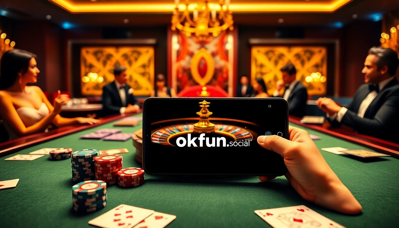 Experience the thrill of gaming at okfun.social with a luxurious poker scene featuring engaging players and casino elements.