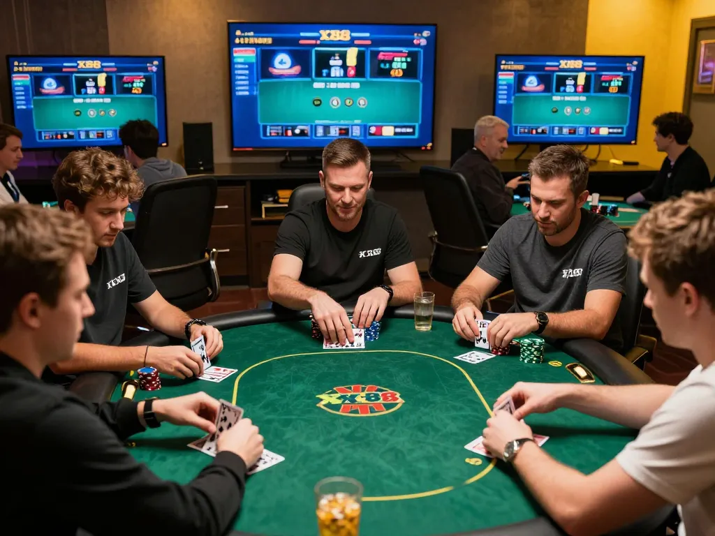 Players strategizing in a high-stakes poker game at xx88 online casino, showcasing focused gameplay.