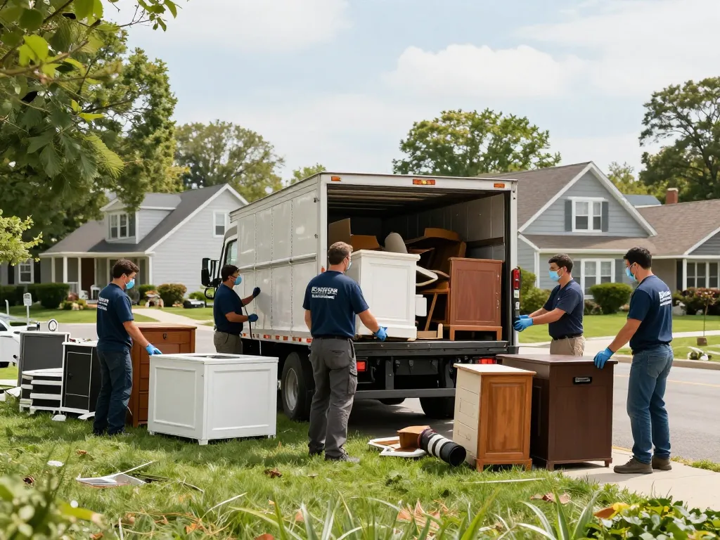 JUNK REMOVAL BERGEN COUNTY team loading furniture and appliances into truck, ensuring a clean neighborhood.