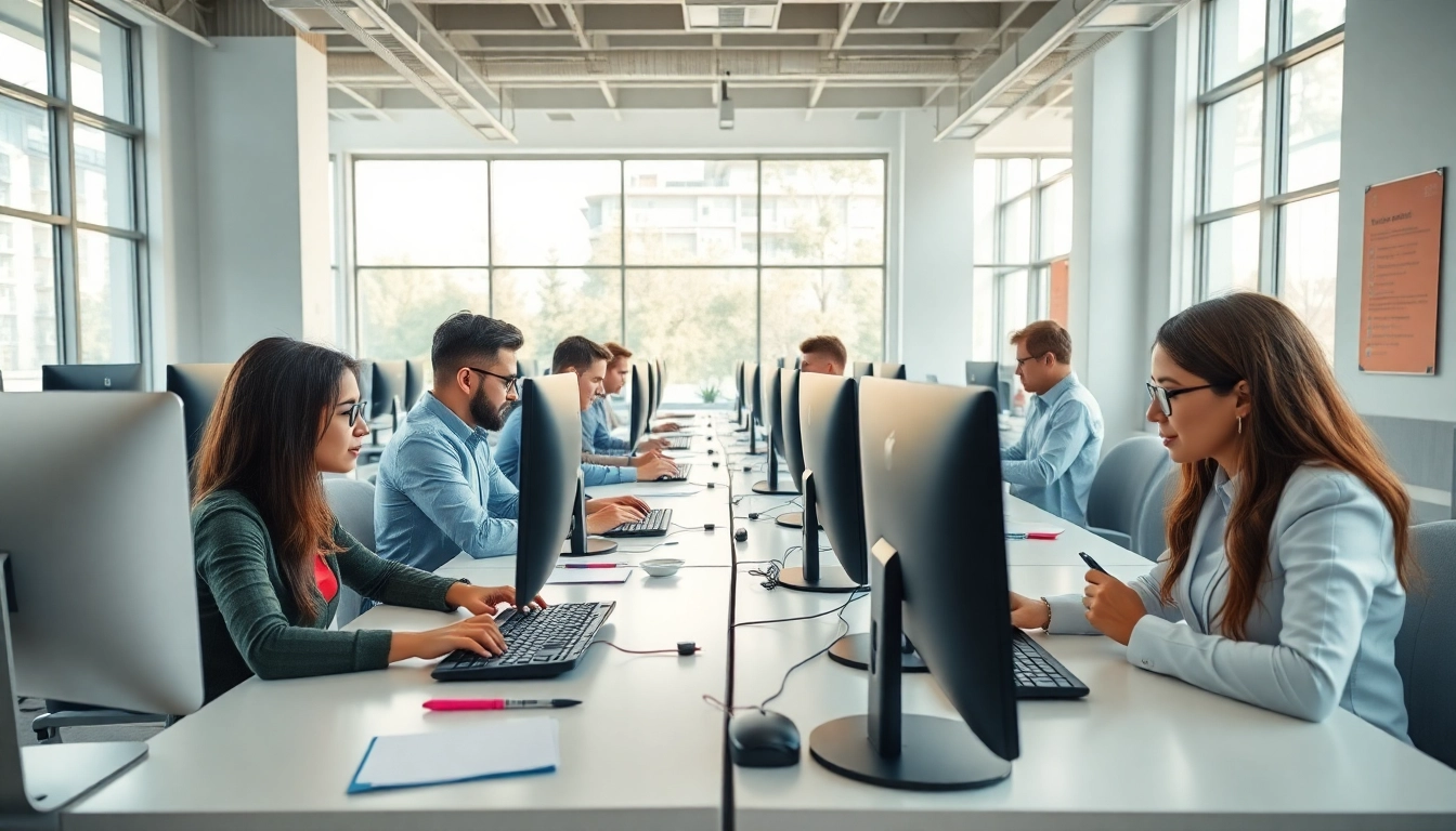 Enhance your skills at a bustling typing center filled with focused professionals.