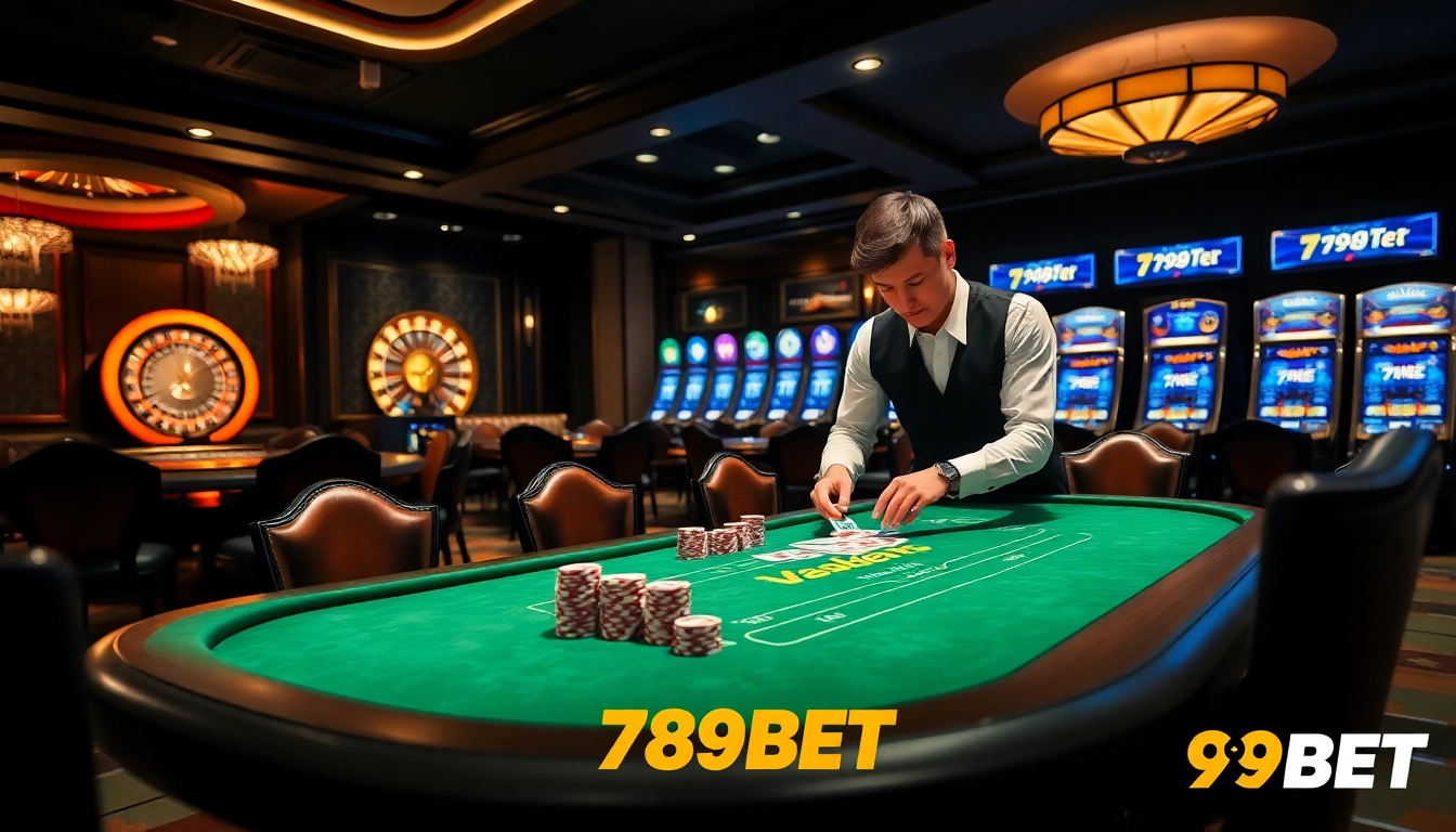 Experience the thrill of 789BET at an upscale casino table with poker chips and cards.