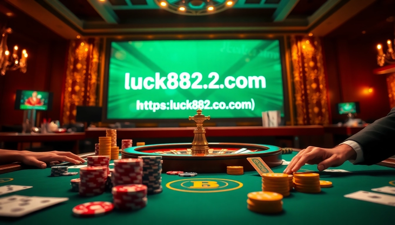 Experience thrilling gameplay at https://luck882.co.com/ with a luxurious casino scene featuring poker chips and roulette.