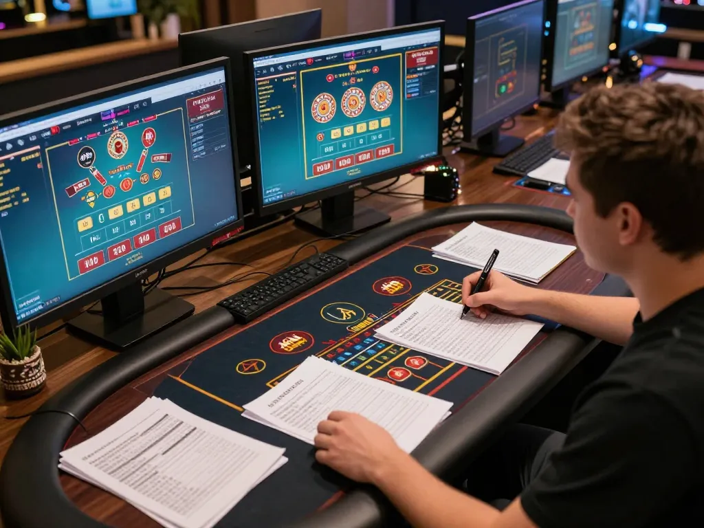 Player engaging in live dealer games on 88VV.COM, showcasing strategic gameplay with multiple screens and notes.