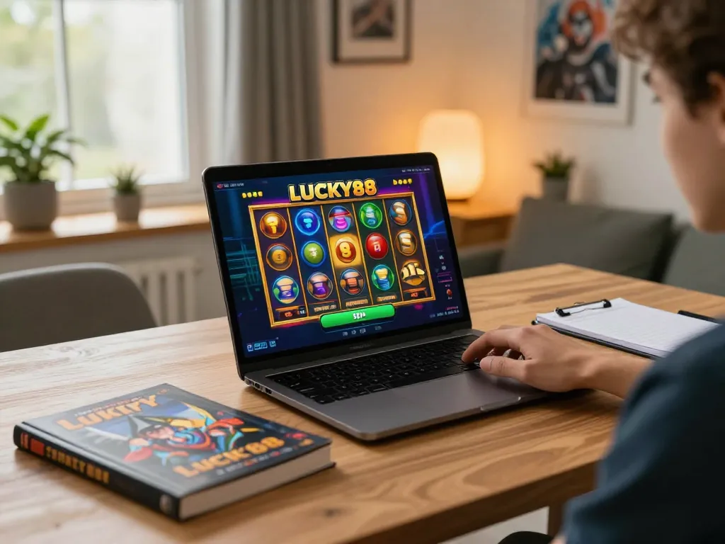 Playing LUCKY88 online slot on a laptop during a cozy home gaming session, showcasing excitement and engagement.