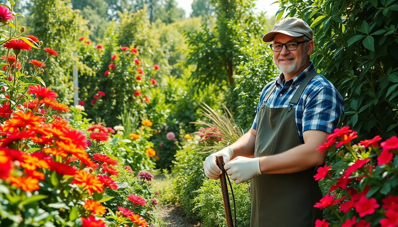 Tuinhulp bij https://detuinassistent.nl, omgeven door bloeiende planten en gereedschap.